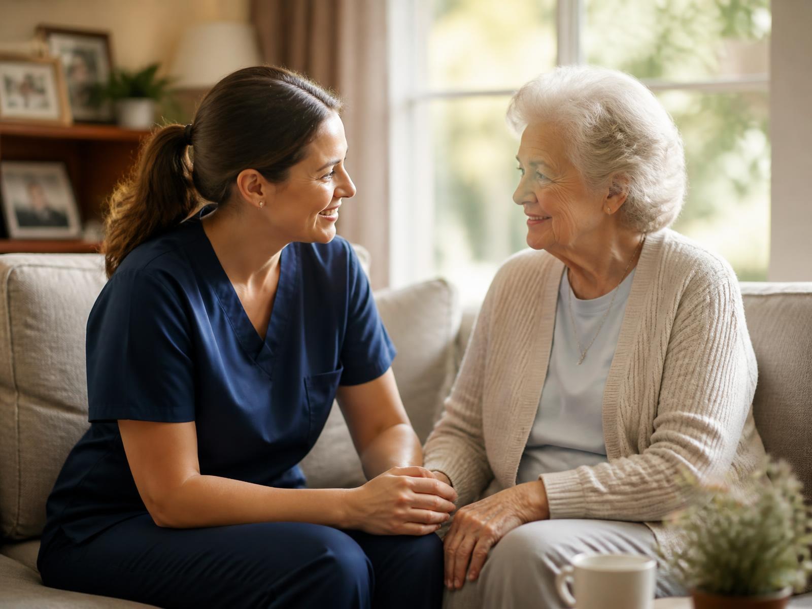 Home care caregiver in Inglewood, CA sitting and talking with an elderly woman in her living room
